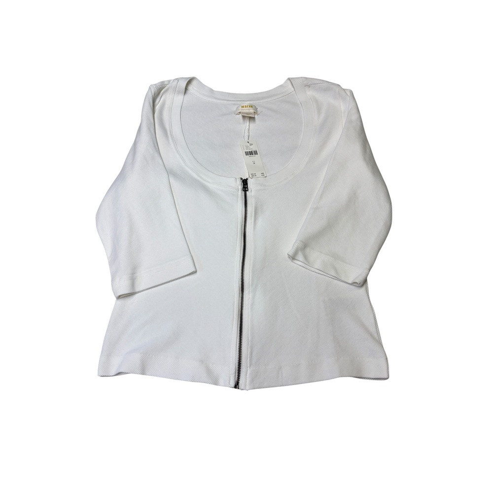 NWT Maeve Anthropologie White Ribbed Zip Front Scoop Neck 3/4 Sleeve Cardigan M
